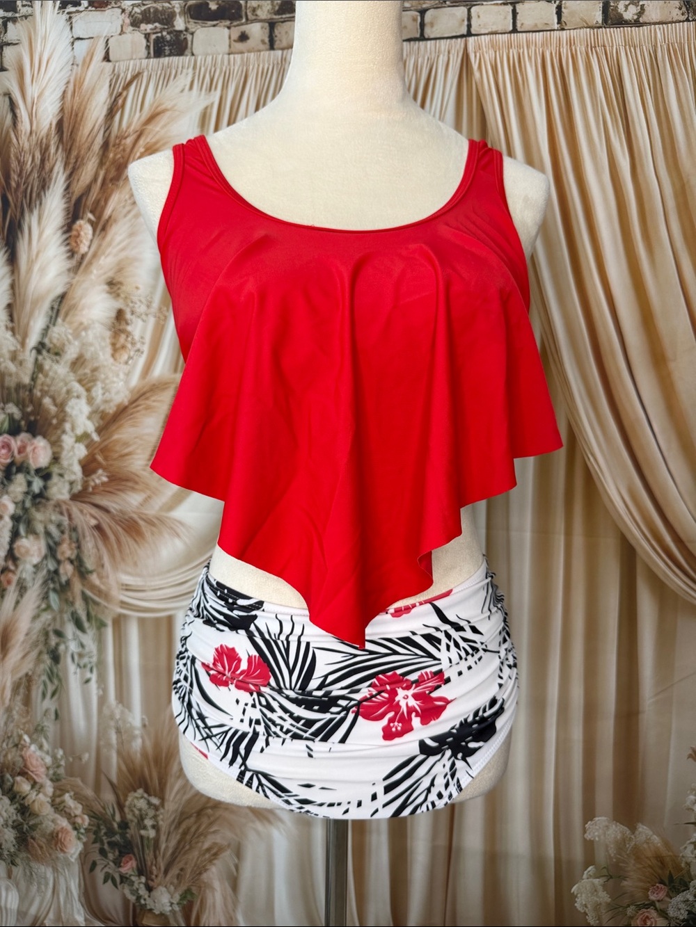 SHEIN Red Ruffle Tankini Top with Black & White Floral High-Waist Bottoms